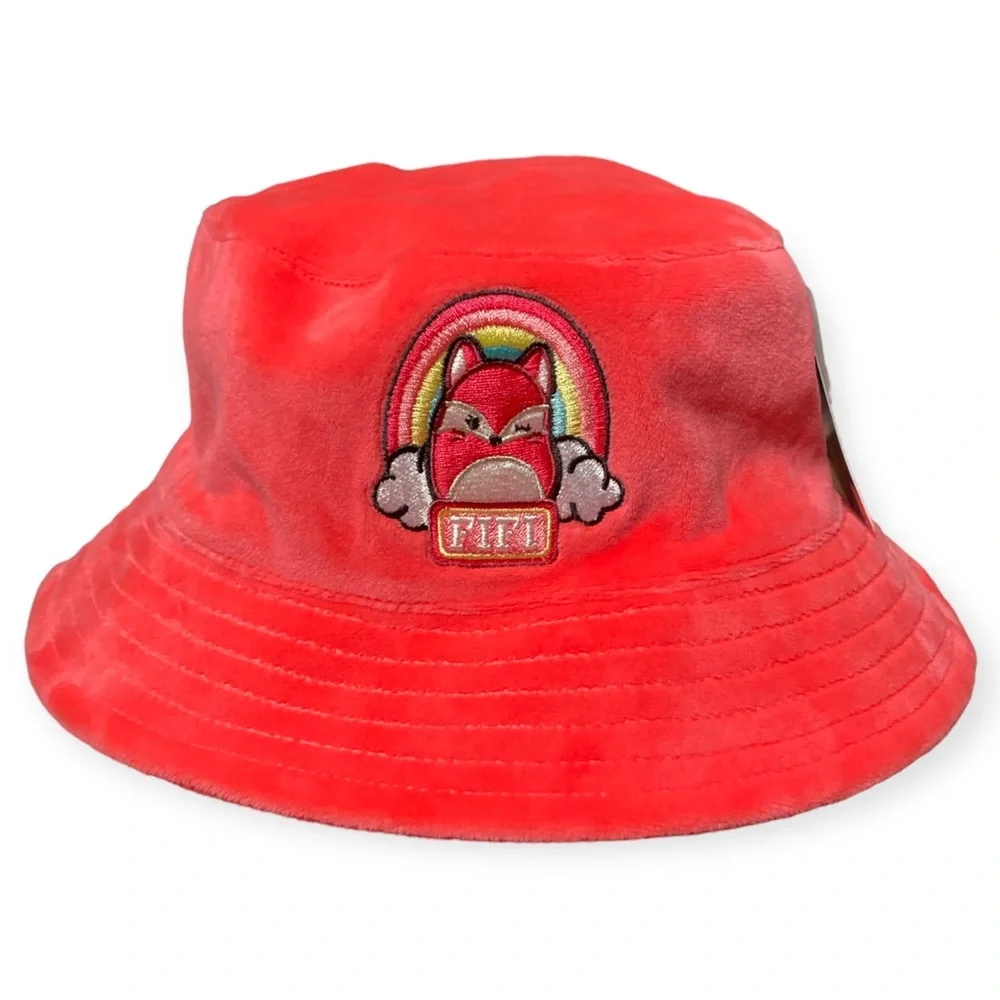 Fifi Fox Original Squishmallows Bucket Hat Cap Velour Coral Pink Soft Rainbow